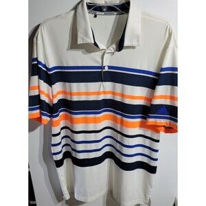 Adidas Polo Shirt Mens Large Blue Orange Striped Quick Dry Performance Golf Sz L